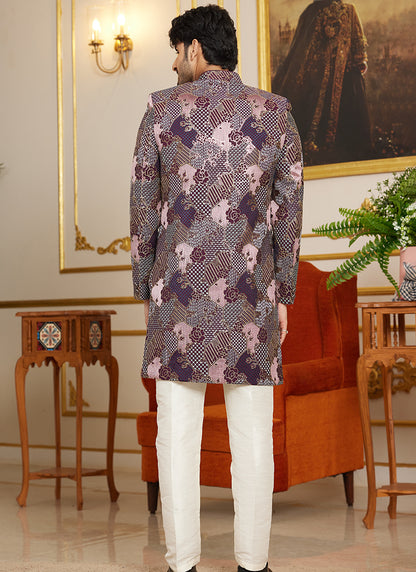 Art Silk Multi Color Wedding Wear Thread Work Readymade Indo Western Sherwani 366865