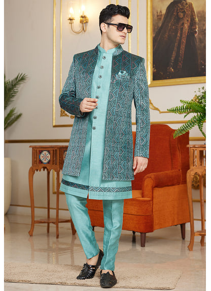 Art Silk Blue Wedding Wear Thread Work Readymade Indo Western Sherwani 366866