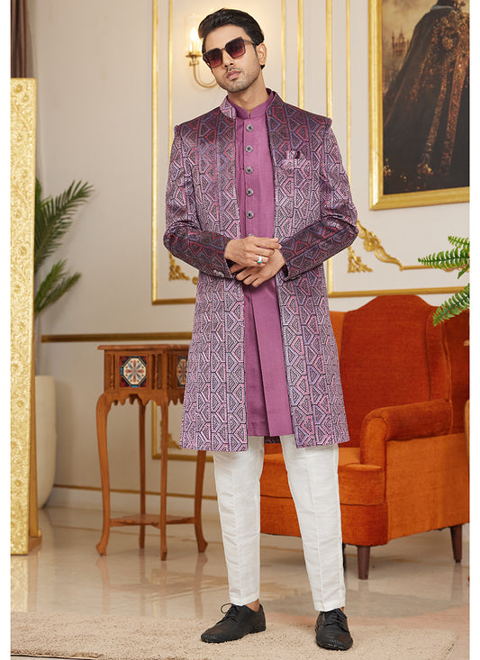 Art Silk Pink Wedding Wear Thread Work Readymade Indo Western Sherwani 366867