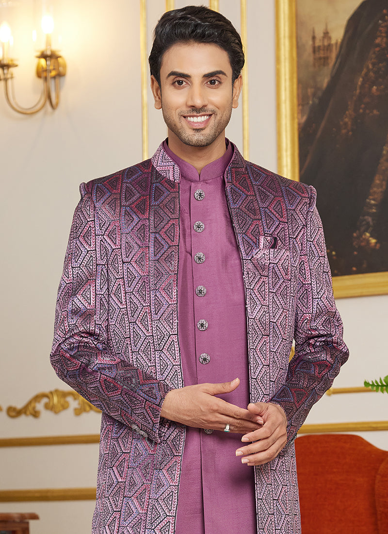 Art Silk Pink Wedding Wear Thread Work Readymade Indo Western Sherwani 366867