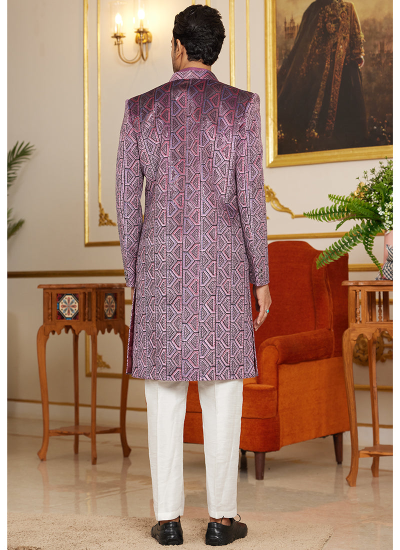 Art Silk Pink Wedding Wear Thread Work Readymade Indo Western Sherwani 366867