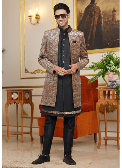 Art Silk Black Wedding Wear Thread Work Readymade Indo Western Sherwani 366868