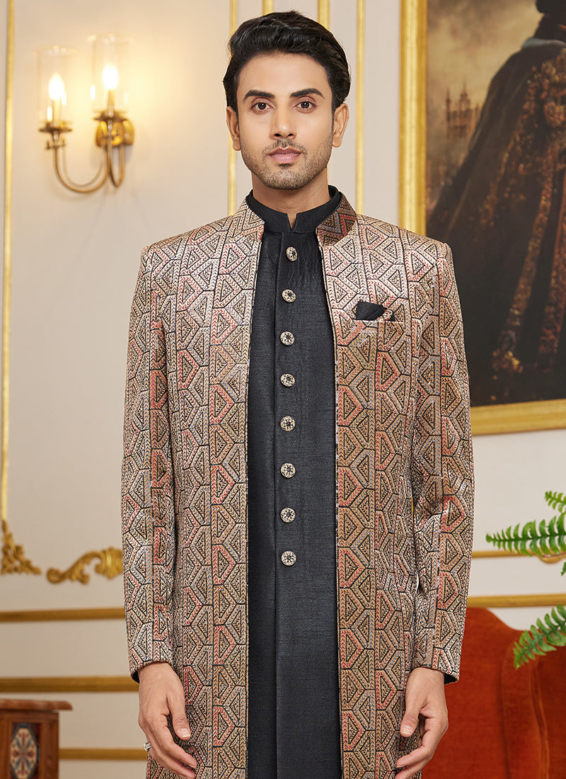 Art Silk Black Wedding Wear Thread Work Readymade Indo Western Sherwani 366868