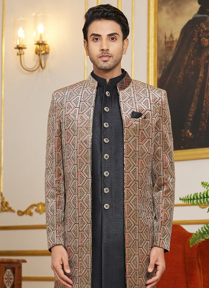 Art Silk Black Wedding Wear Thread Work Readymade Indo Western Sherwani 366868