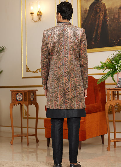 Art Silk Black Wedding Wear Thread Work Readymade Indo Western Sherwani 366868