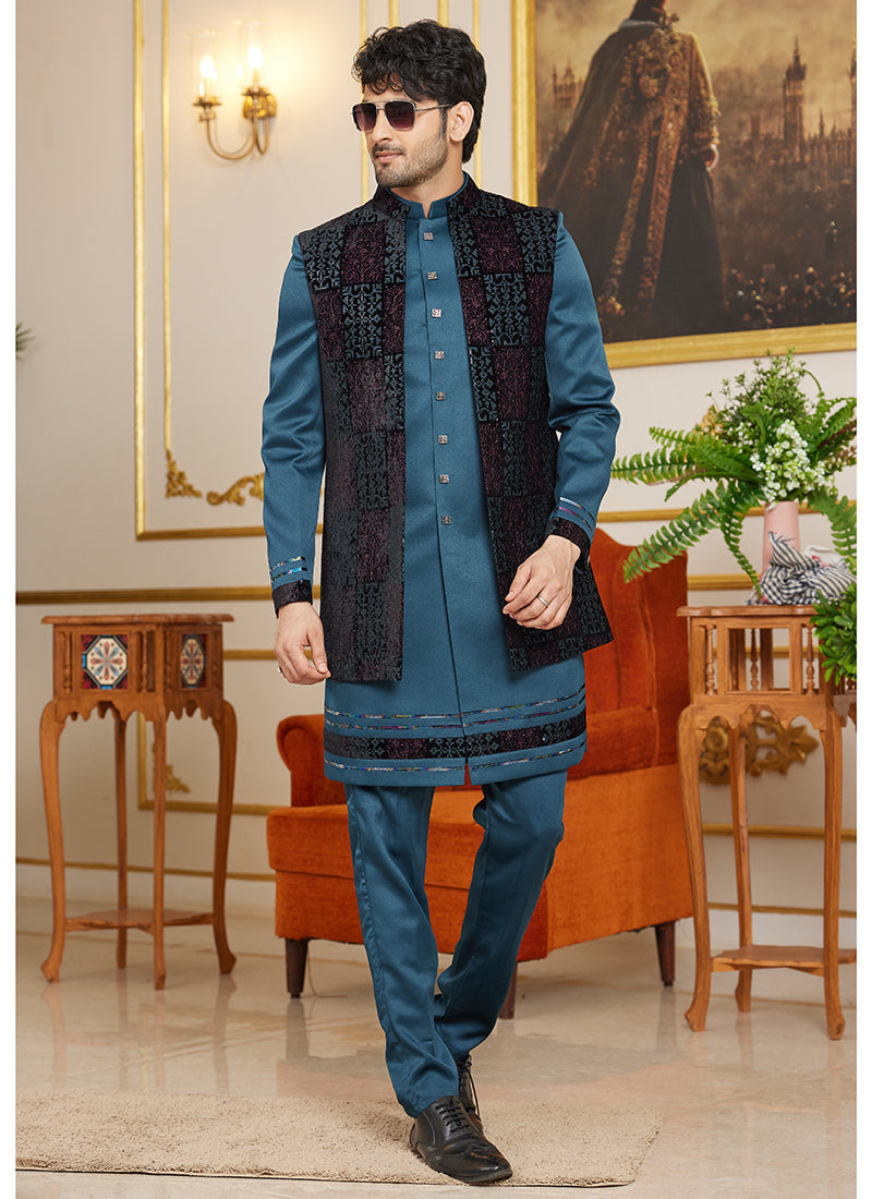 Art Silk Blue Wedding Wear Thread Work Readymade Indo Western Sherwani 366869