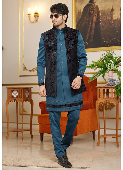 Art Silk Blue Wedding Wear Thread Work Readymade Indo Western Sherwani 366869