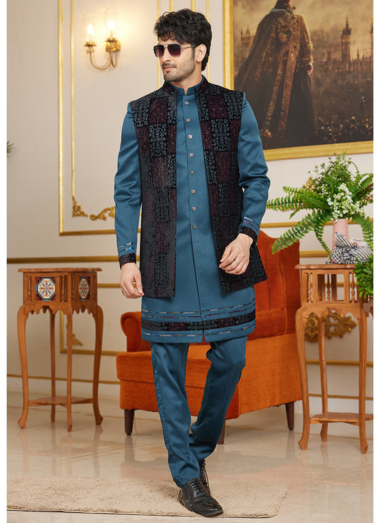 Art Silk Blue Wedding Wear Thread Work Readymade Indo Western Sherwani 366869
