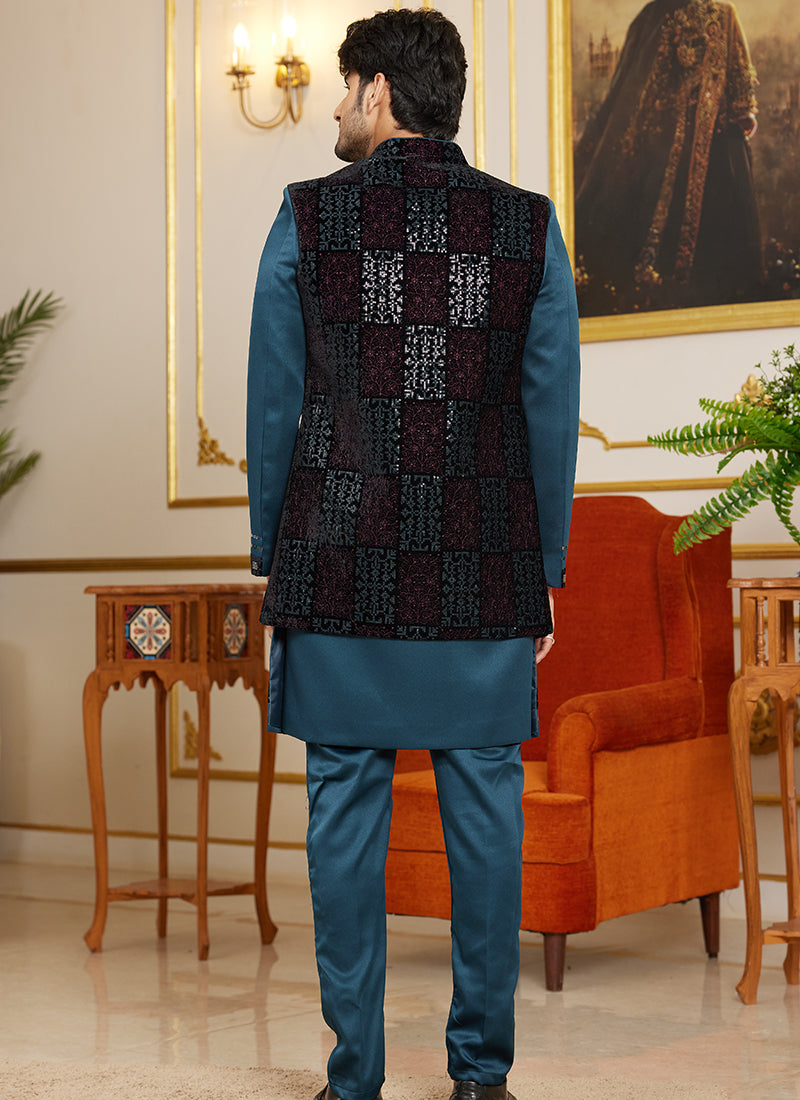 Art Silk Blue Wedding Wear Thread Work Readymade Indo Western Sherwani 366869