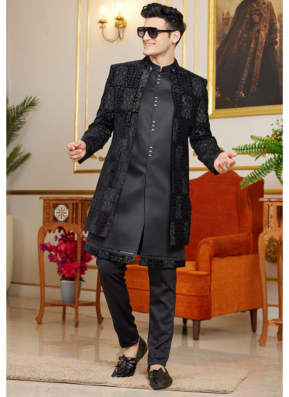 Art Silk Black Wedding Wear Thread Work Readymade Indo Western Sherwani 366870