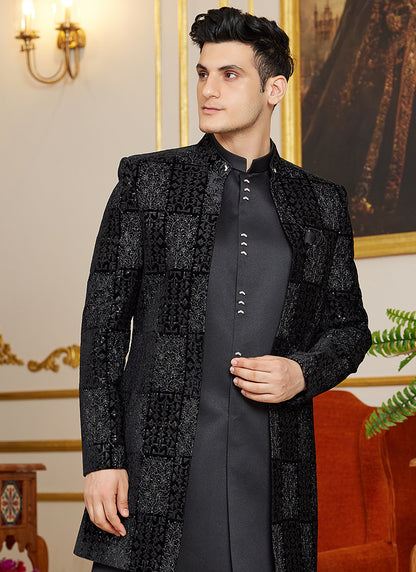 Art Silk Black Wedding Wear Thread Work Readymade Indo Western Sherwani 366870