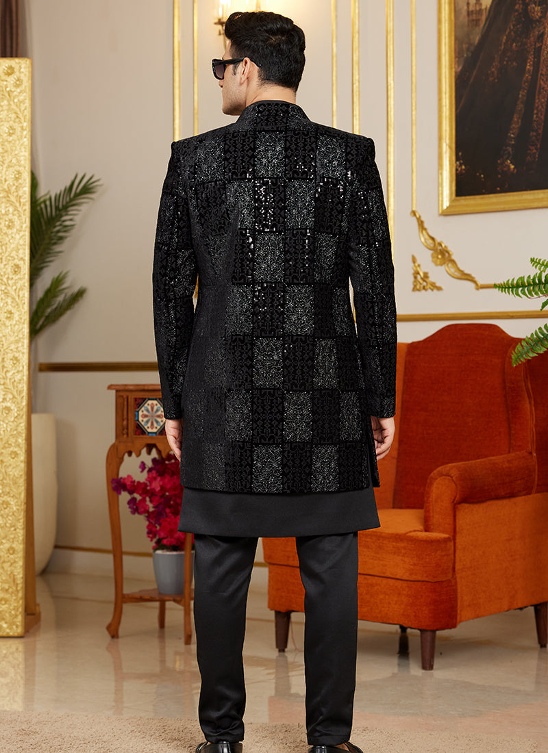 Art Silk Black Wedding Wear Thread Work Readymade Indo Western Sherwani 366870