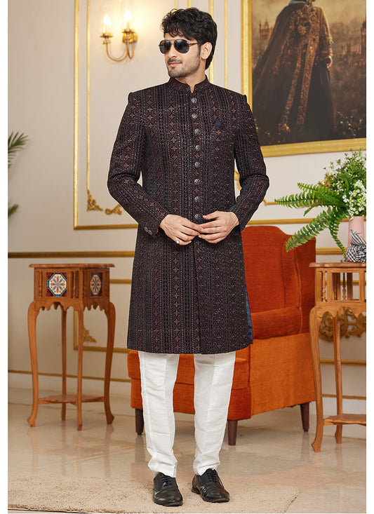 Art Silk Multi Color Wedding Wear Thread Work Readymade Indo Western Sherwani 366871
