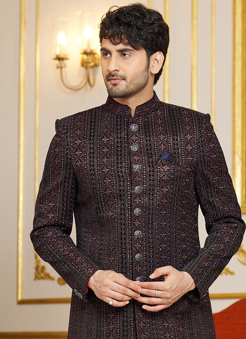 Art Silk Multi Color Wedding Wear Thread Work Readymade Indo Western Sherwani 366871