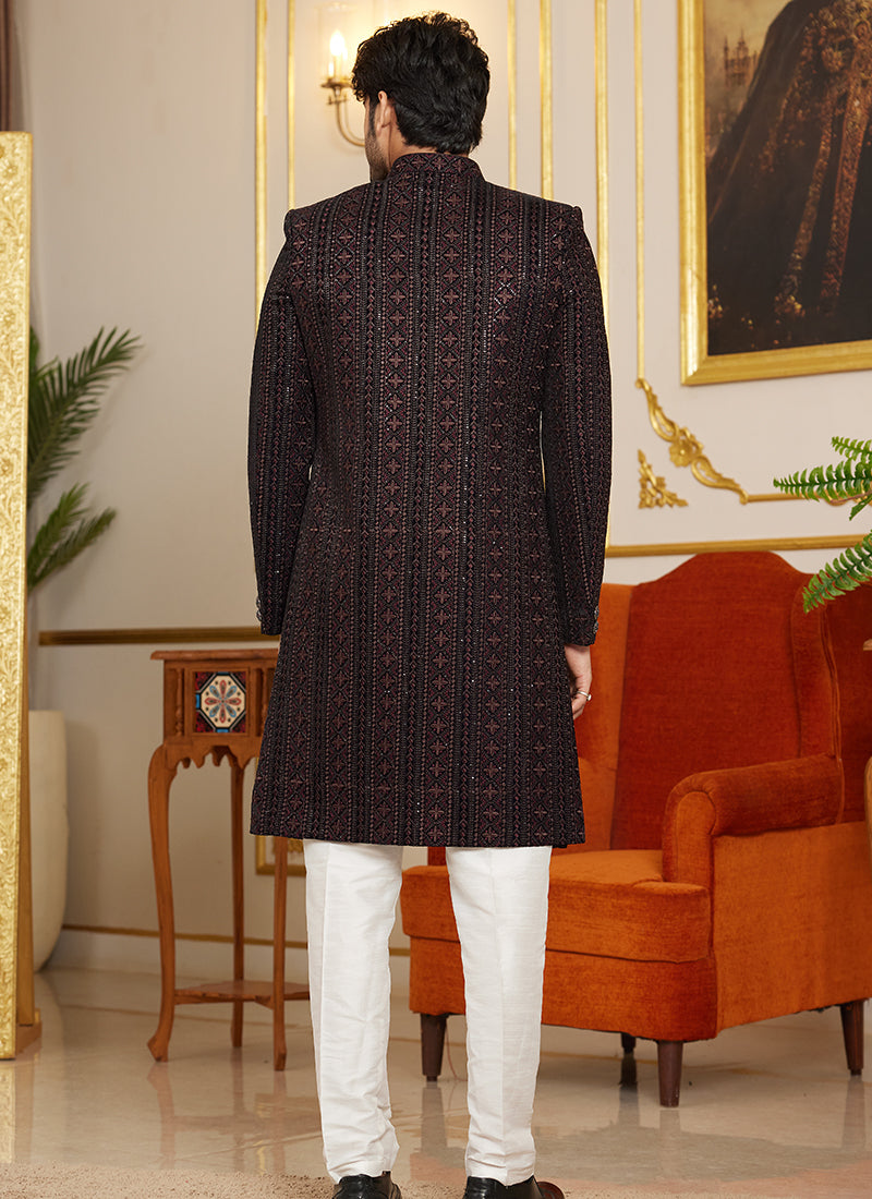 Art Silk Multi Color Wedding Wear Thread Work Readymade Indo Western Sherwani 366871