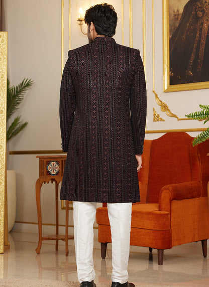 Art Silk Multi Color Wedding Wear Thread Work Readymade Indo Western Sherwani 366871