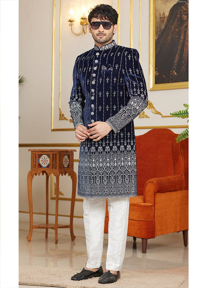 Art Silk Navy Blue Wedding Wear Thread Work Readymade Indo Western Sherwani 366872