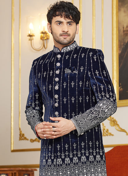 Art Silk Navy Blue Wedding Wear Thread Work Readymade Indo Western Sherwani 366872