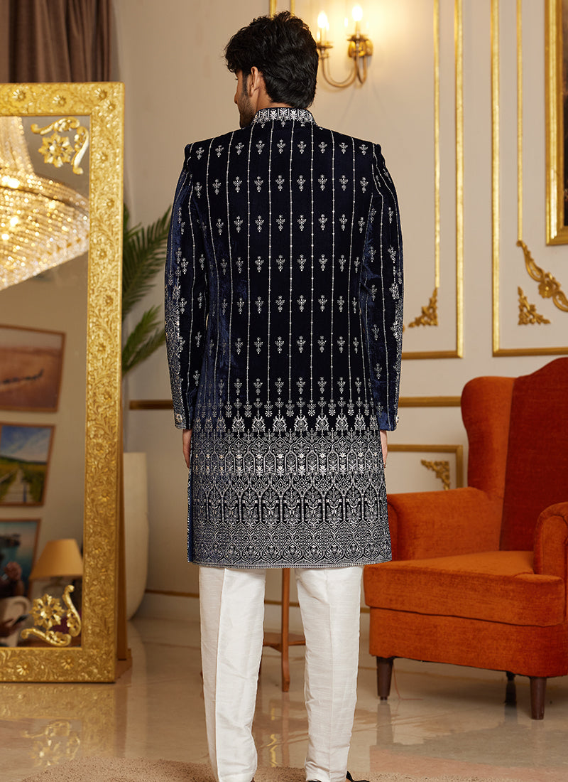 Art Silk Navy Blue Wedding Wear Thread Work Readymade Indo Western Sherwani 366872