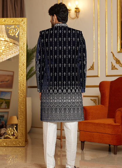 Art Silk Navy Blue Wedding Wear Thread Work Readymade Indo Western Sherwani 366872