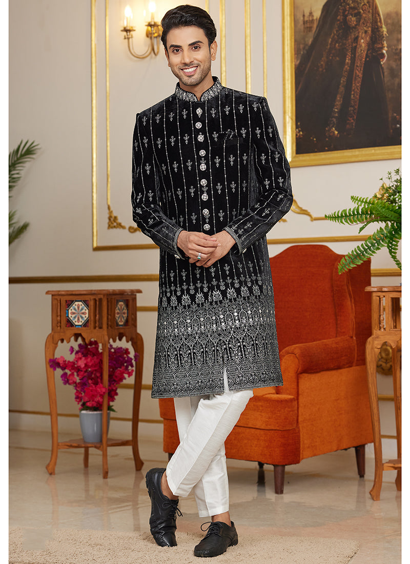 Art Silk Black Wedding Wear Thread Work Readymade Indo Western Sherwani 366873