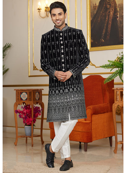 Art Silk Black Wedding Wear Thread Work Readymade Indo Western Sherwani 366873