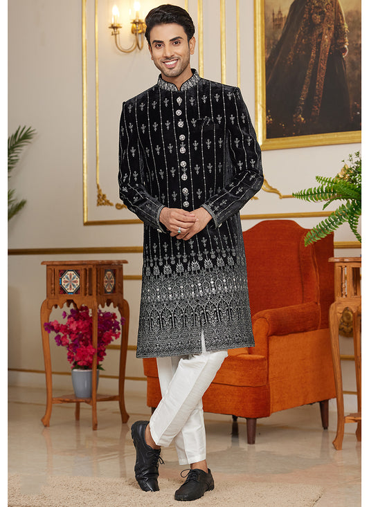 Art Silk Black Wedding Wear Thread Work Readymade Indo Western Sherwani 366873