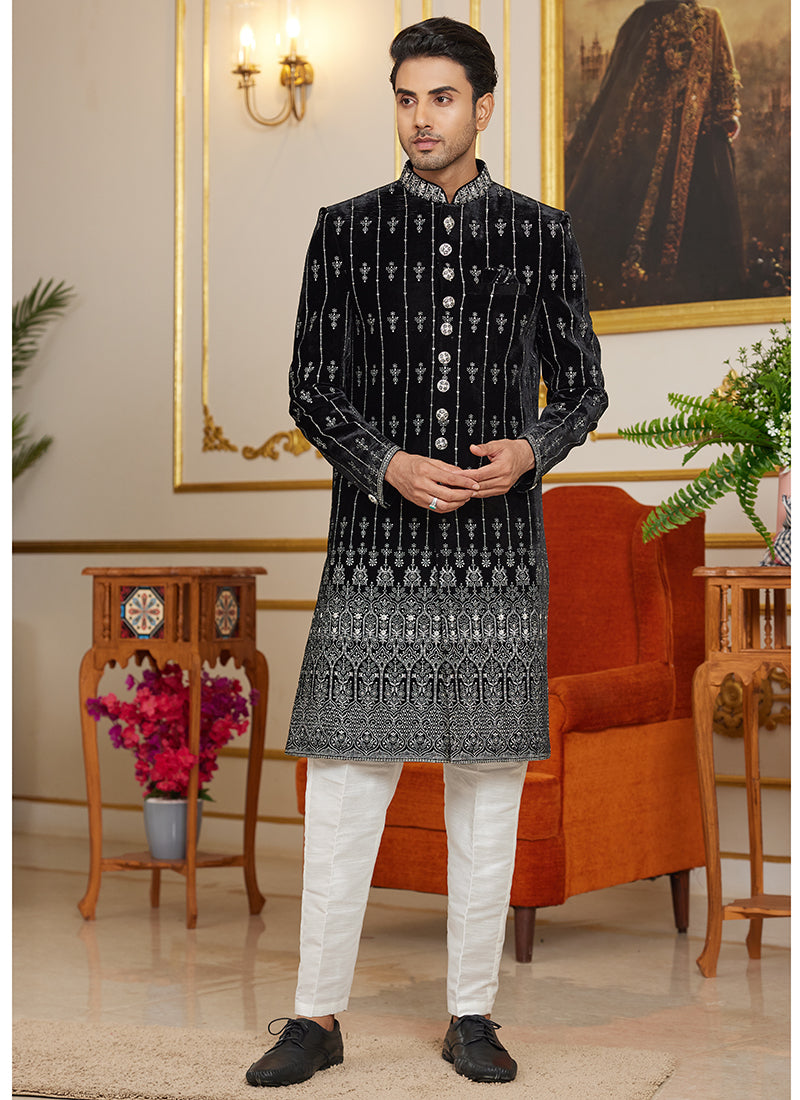 Art Silk Black Wedding Wear Thread Work Readymade Indo Western Sherwani 366873