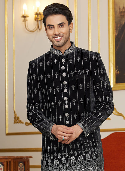 Art Silk Black Wedding Wear Thread Work Readymade Indo Western Sherwani 366873