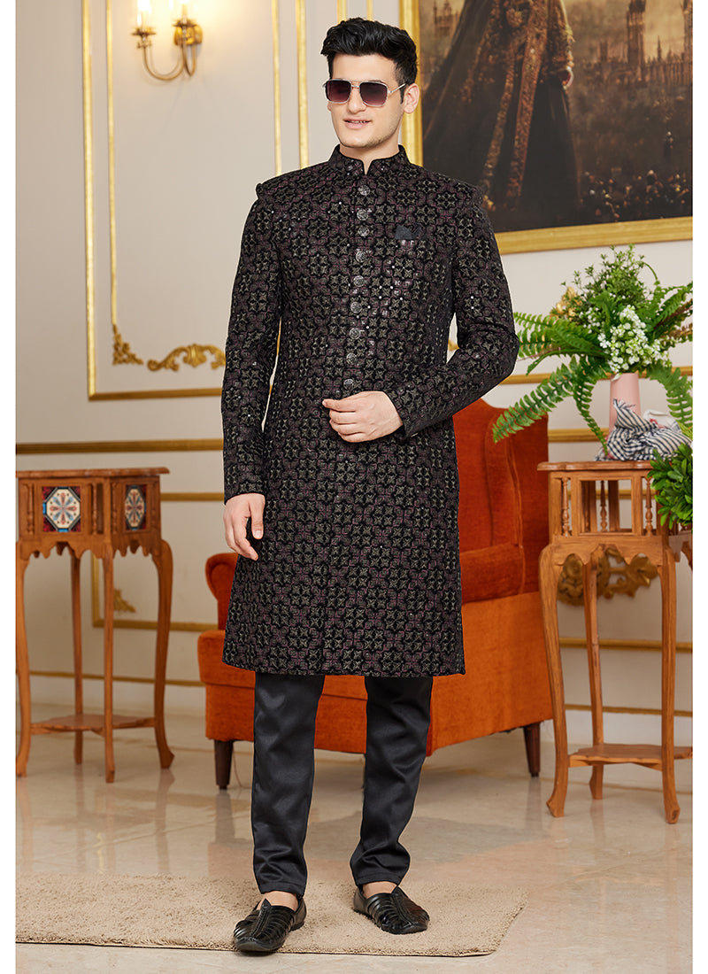 Art Silk Black Wedding Wear Thread Work Readymade Indo Western Sherwani 366874