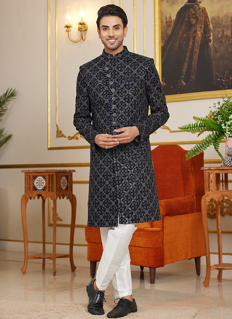 Art Silk Black Wedding Wear Thread Work Readymade Indo Western Sherwani 366875