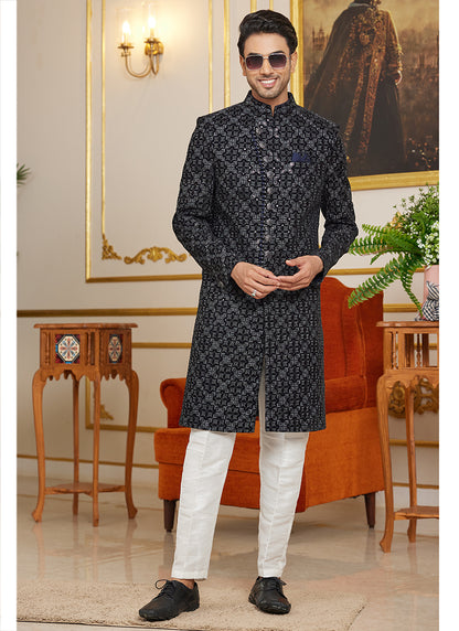 Art Silk Black Wedding Wear Thread Work Readymade Indo Western Sherwani 366875