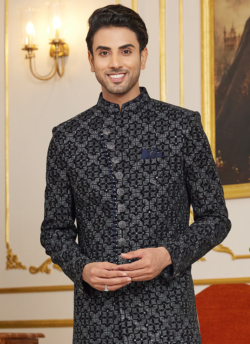 Art Silk Black Wedding Wear Thread Work Readymade Indo Western Sherwani 366875