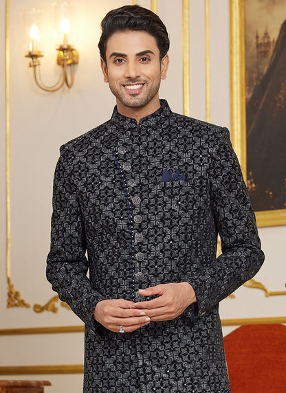 Art Silk Black Wedding Wear Thread Work Readymade Indo Western Sherwani 366875