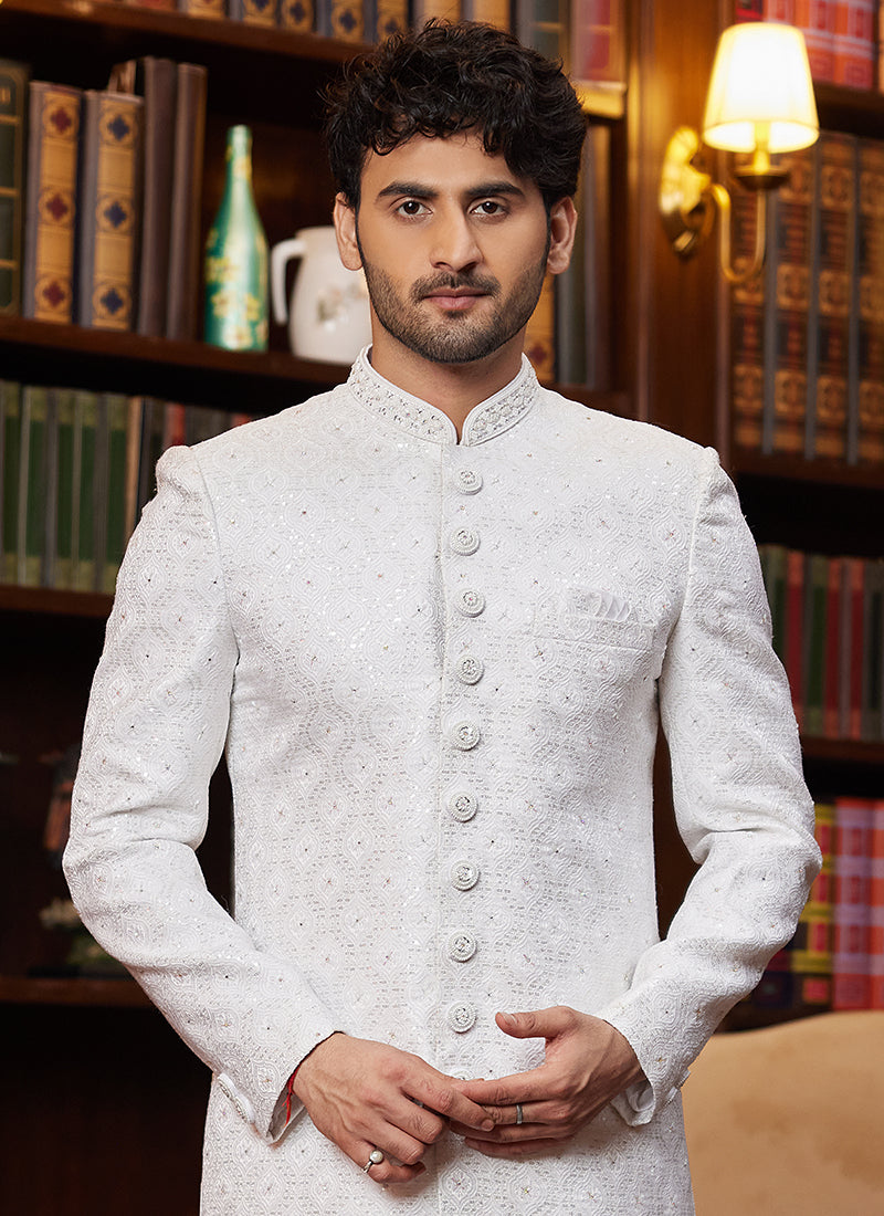 Jacquard Silk Off White Wedding Wear Hand Work Readymade Sherwani 366876