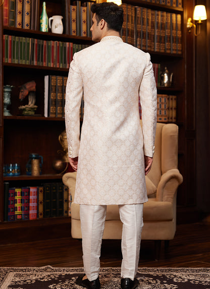 Jacquard Silk Beige Wedding Wear Hand Work Readymade Sherwani 366877