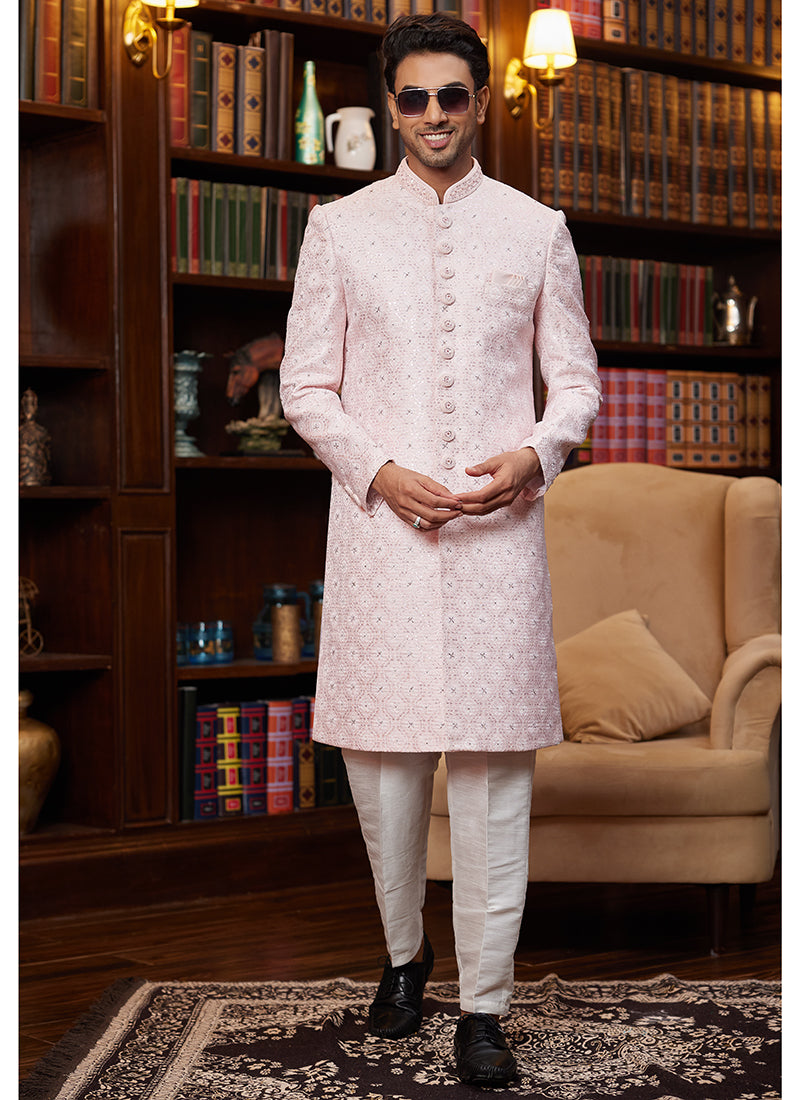 Jacquard Silk Light Pink Wedding Wear Hand Work Readymade Sherwani 366878