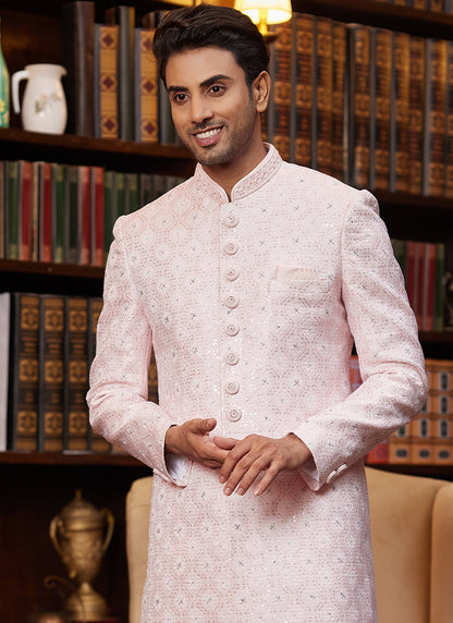 Jacquard Silk Light Pink Wedding Wear Hand Work Readymade Sherwani 366878