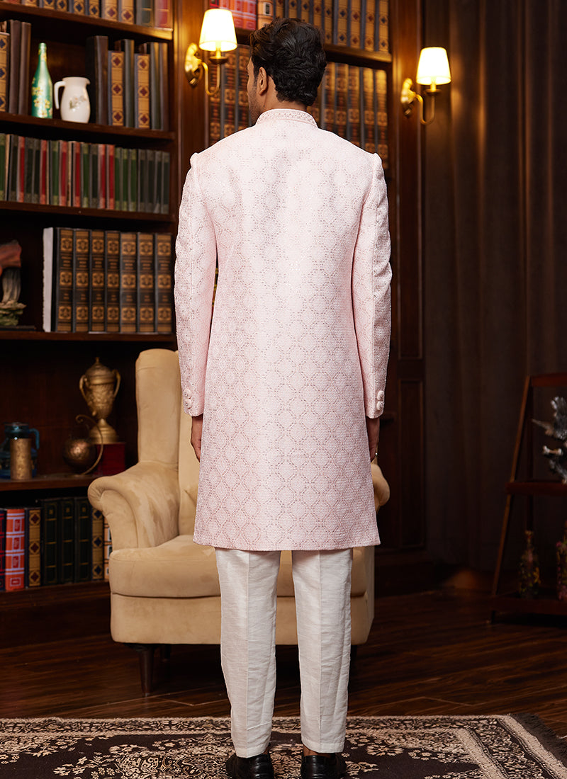 Jacquard Silk Light Pink Wedding Wear Hand Work Readymade Sherwani 366878