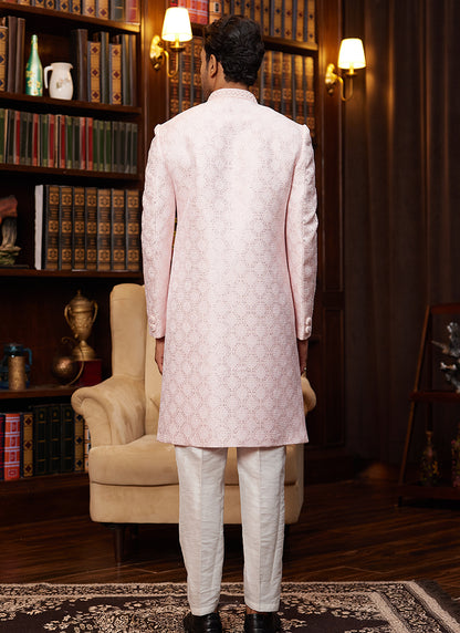 Jacquard Silk Light Pink Wedding Wear Hand Work Readymade Sherwani 366878
