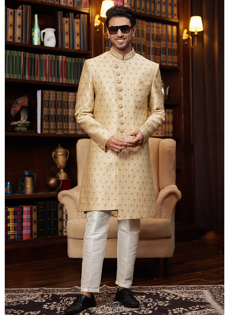 Jacquard Silk Light Golden Wedding Wear Hand Work Readymade Sherwani 366879