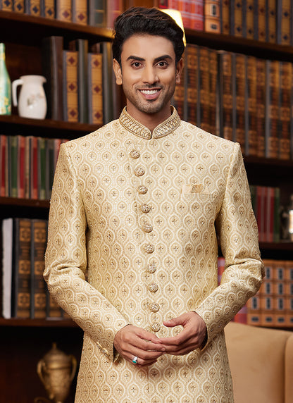 Jacquard Silk Light Golden Wedding Wear Hand Work Readymade Sherwani 366879