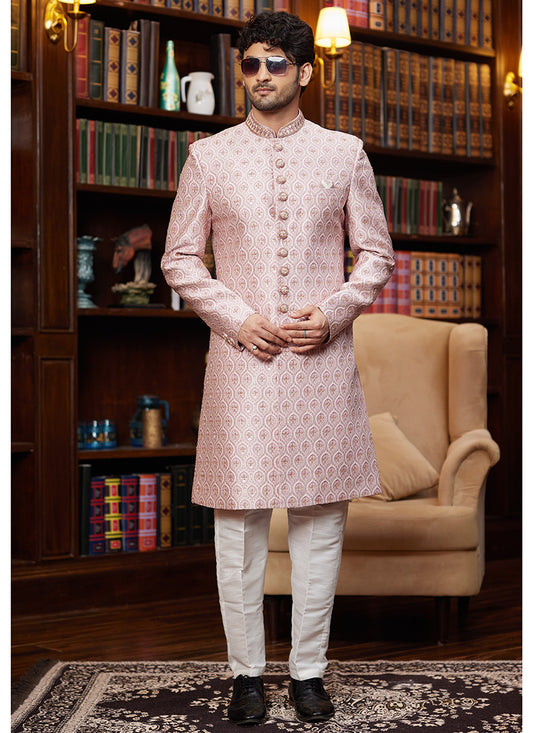 Jacquard Silk Light Pink Wedding Wear Hand Work Readymade Sherwani 366880