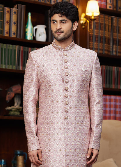 Jacquard Silk Light Pink Wedding Wear Hand Work Readymade Sherwani 366880