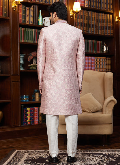 Jacquard Silk Light Pink Wedding Wear Hand Work Readymade Sherwani 366880