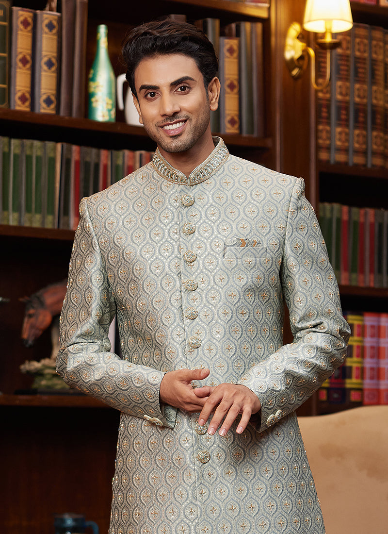 Jacquard Silk Green Wedding Wear Hand Work Readymade Sherwani 366881