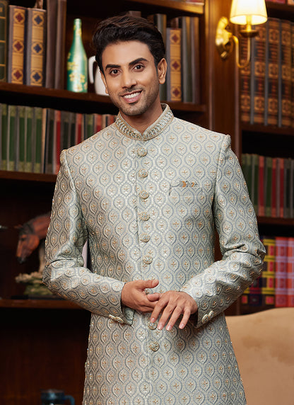 Jacquard Silk Green Wedding Wear Hand Work Readymade Sherwani 366881