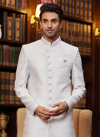 Jacquard Silk White Wedding Wear Hand Work Readymade Sherwani 366882