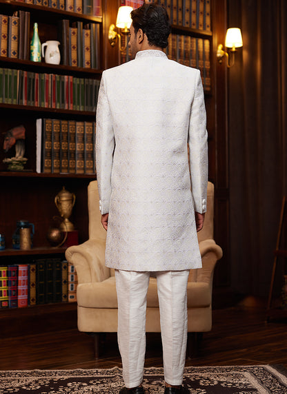 Jacquard Silk White Wedding Wear Hand Work Readymade Sherwani 366882