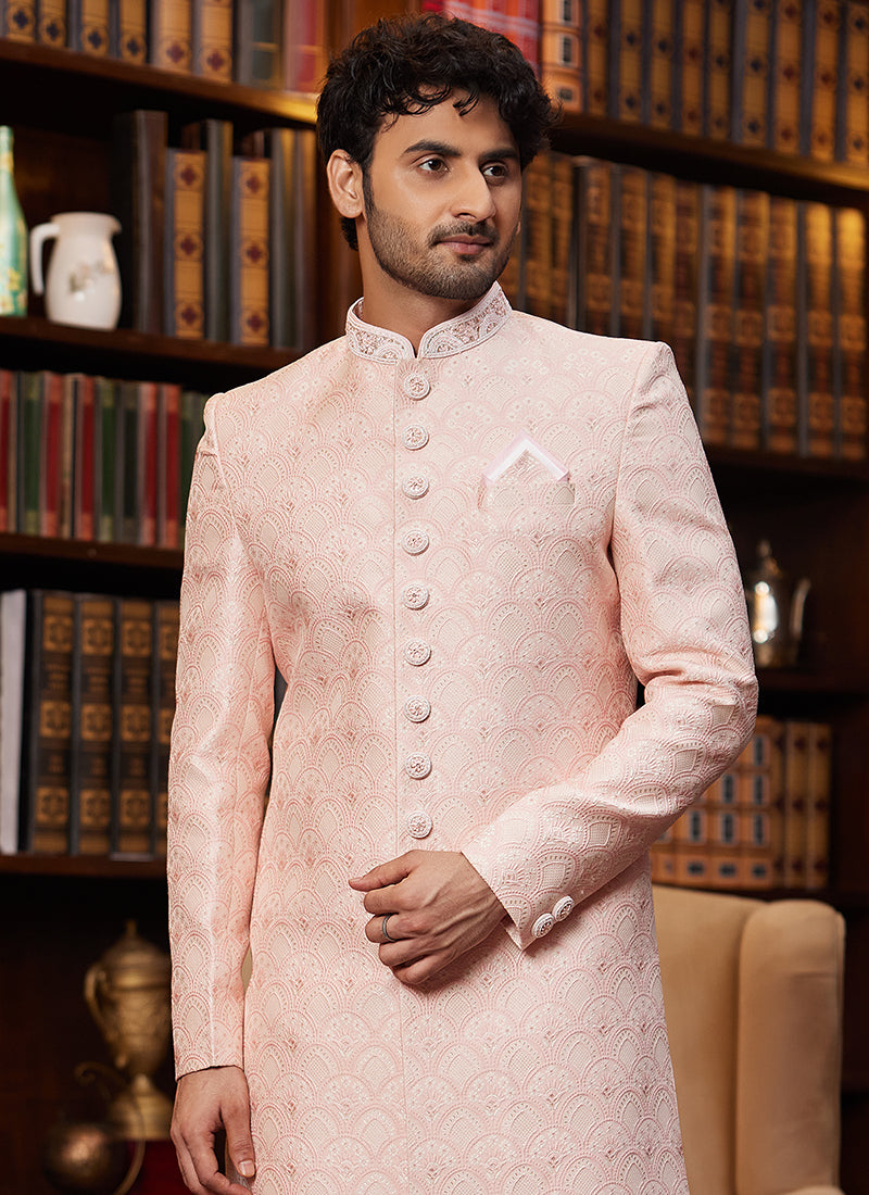 Jacquard Silk Peach Wedding Wear Hand Work Readymade Sherwani 366883